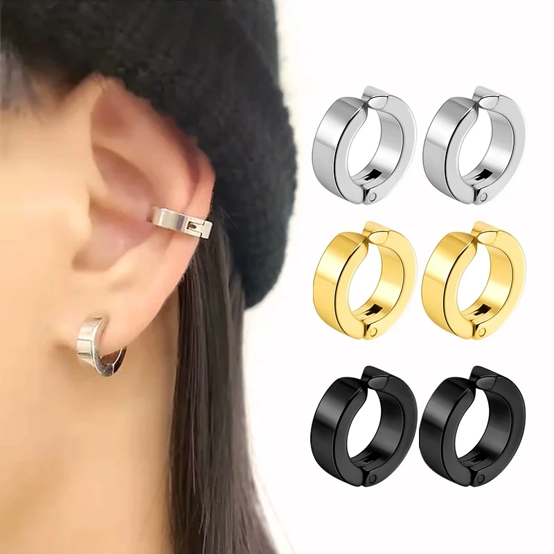 1/3 Pair Classic Korean Punk Stainless Steel Ear Clip Earrings for Men Women Black No Pierced Fake Ear Circle New Pop Jewelry