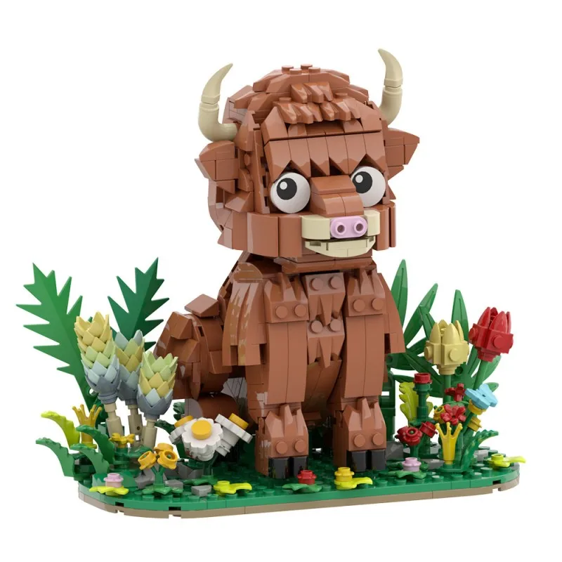 

MOC Highland Cow Baby Building Blocks Kawaii Scotland Farm Animal Construction Set Educational Brick Toys Kids Easter Gifts