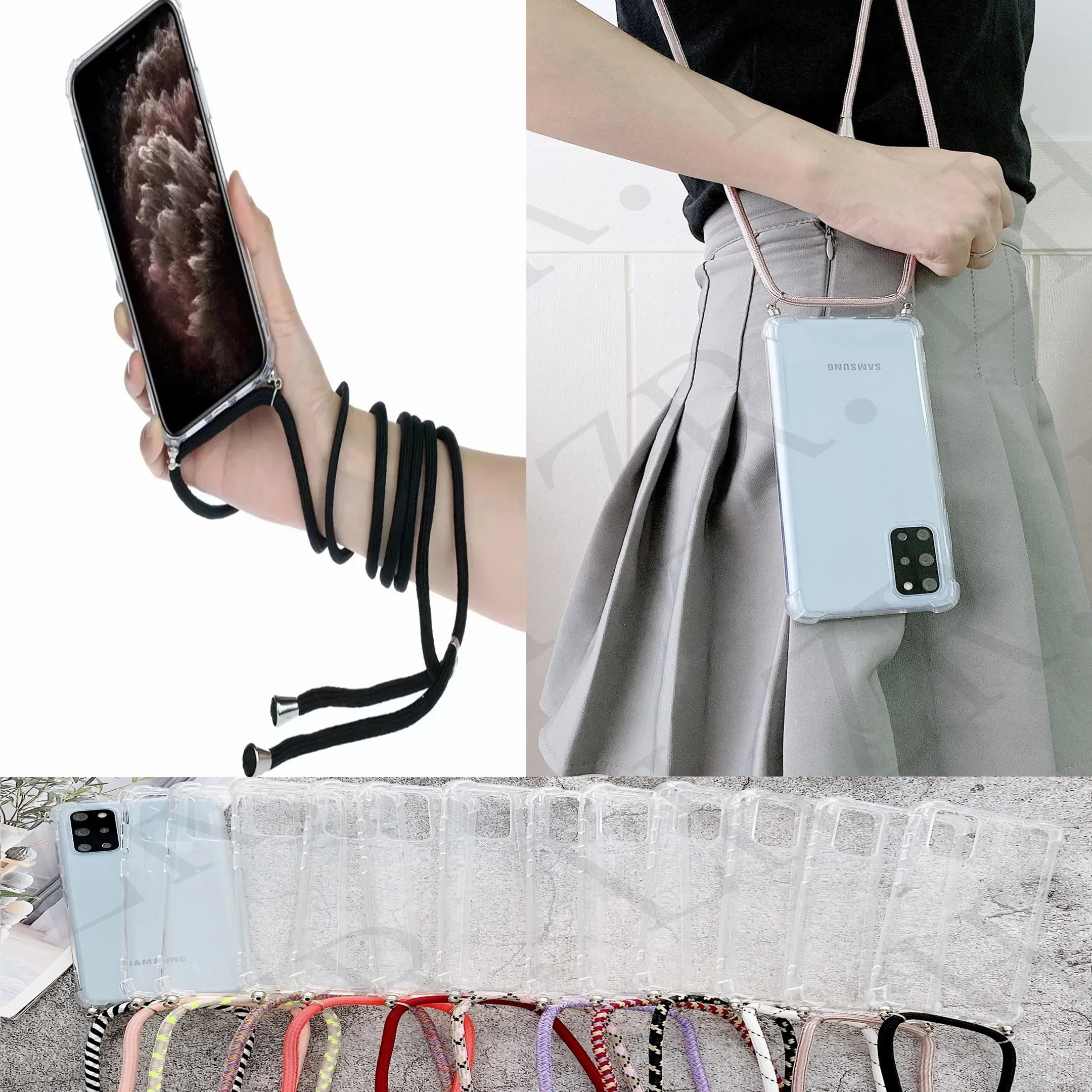 Transparent Soft TPU Phone Case For Samsung Galaxy A55 A15 A14 S23 S24 A54 A52 A33 A53 With Lanyard Neck Strap Rope Cord Case