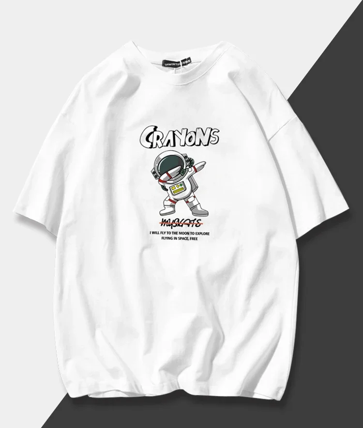 تي شيرت ذو علامة تجارية عصرية لرائد الفضاء للرجال، قميص صيفي من القطن الخالص متعدد الاستخدامات، هيب هوب فضفاض بأكمام قصيرة