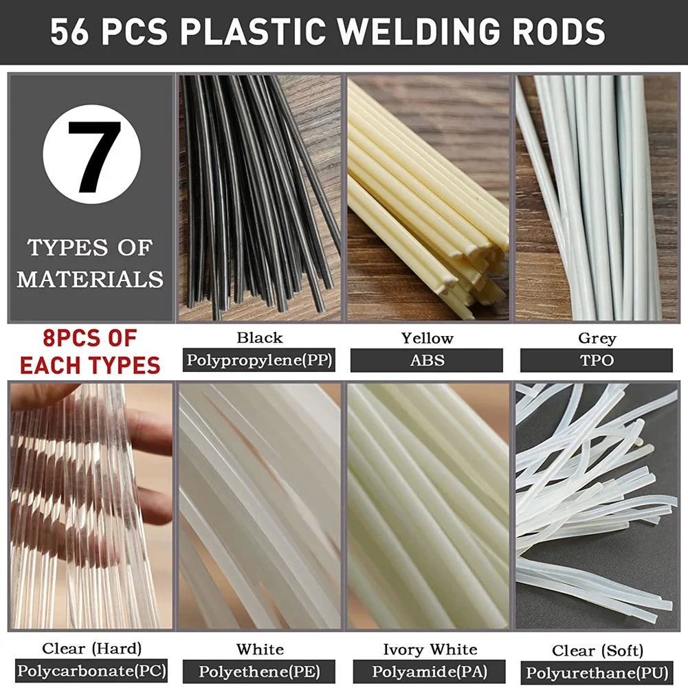 A98U 56PCS Plastic Welding Rods, 7 Types ABS PP PU PE PA PC TPO 13 Inch Plastic Welder Rod for Car Bumper Kayak