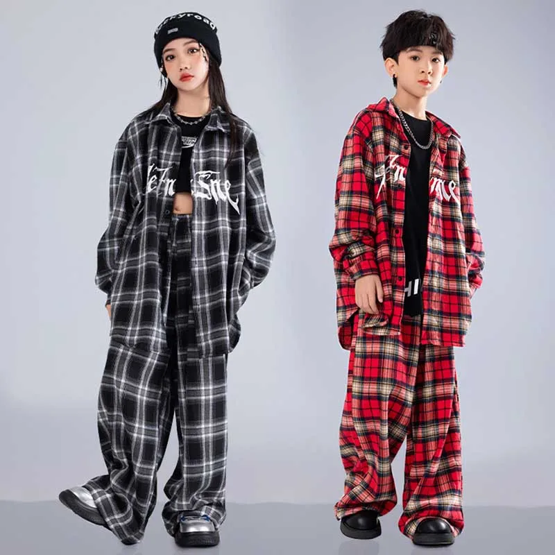 

Cool Street Dance Costume Kids Oversize Shirt Pants Girls Jazz Dance Performance Clothes Boys Hip Hop Stage Wear Black Red 1668