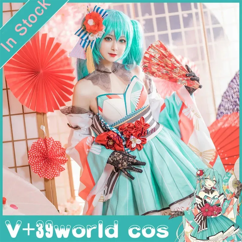 39 Cultura Mundo Miku Vestido tipo kimono Mujer Niña Uniforme Traje Anime Fiesta de Halloween Cosplay Disfraz Wigc;8,k'5;h.