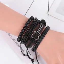 Leather Bracelet For Men New Four-Piece Leather Bracelet, Guitar Set Men Woven Geometric Bracelet Jewelry