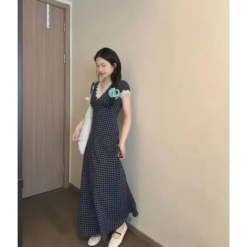 

Dot Print Long Slip Dress Women Spring Summer V-neck A-line Bohemian Dress Female French Party Vintage Robes Lady Sweet Vestido