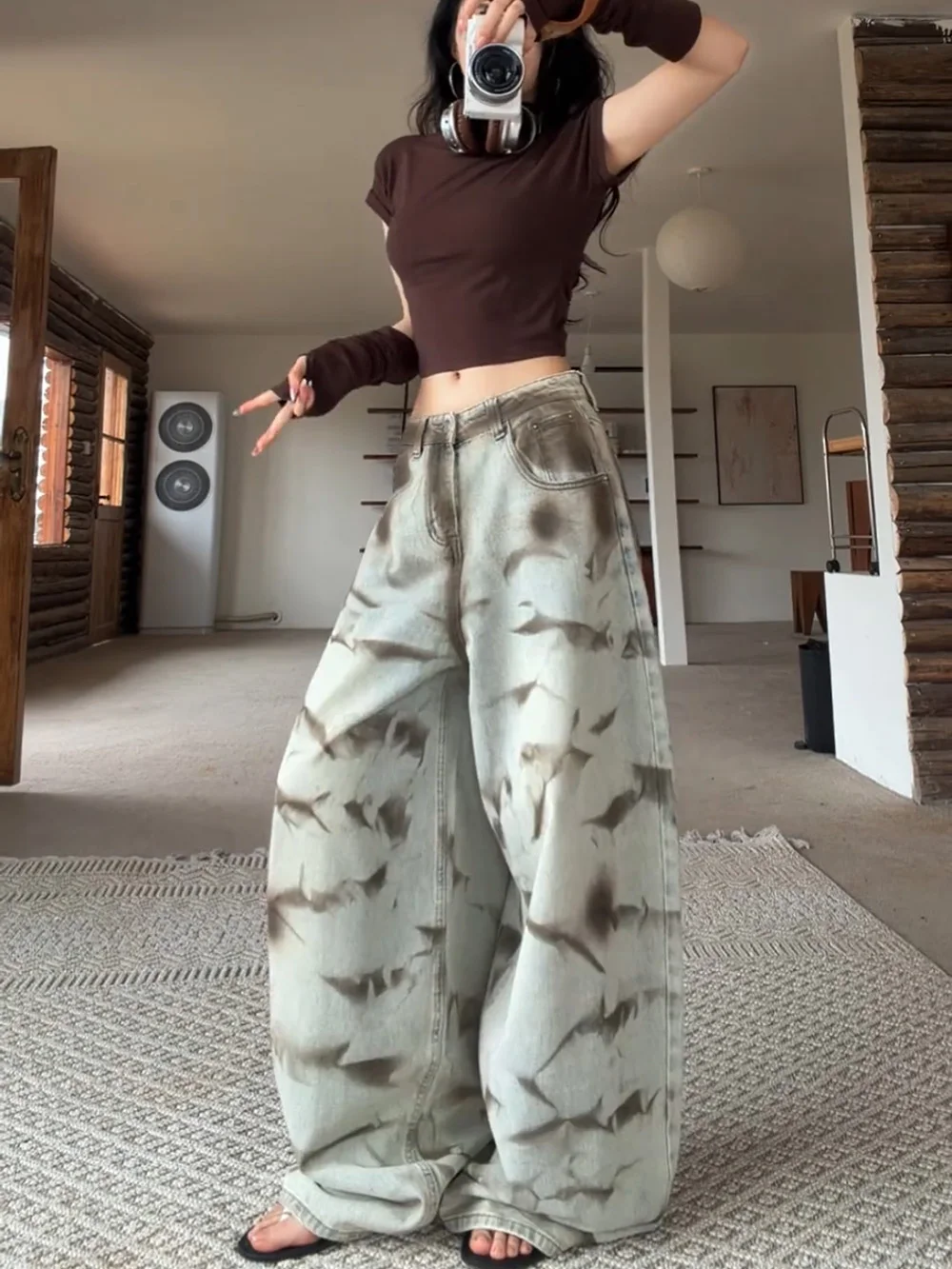 

Американские винтажные джинсы с эффектом потертости, с высокой талией, прямого кроя, женские свободные широкие брюки, длинные штаны