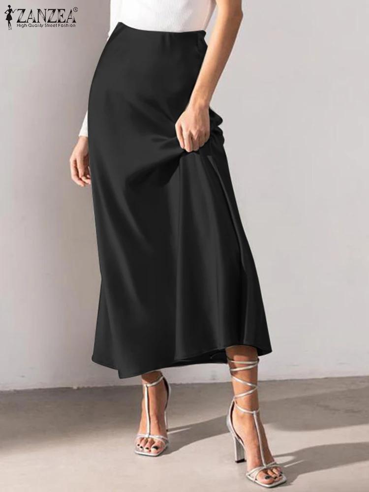 ZANZEA été mode Satin jupes femmes taille élastique Jupe longue décontracté a-ligne Robe fermeture éclair fête Jupe Faldas Saia surdimensionné