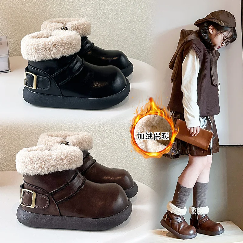 

Girl's cotton boots 2025 Winter New Soft Bottom Fur Lined Boys' Short Boots Children's Cotton Shoes