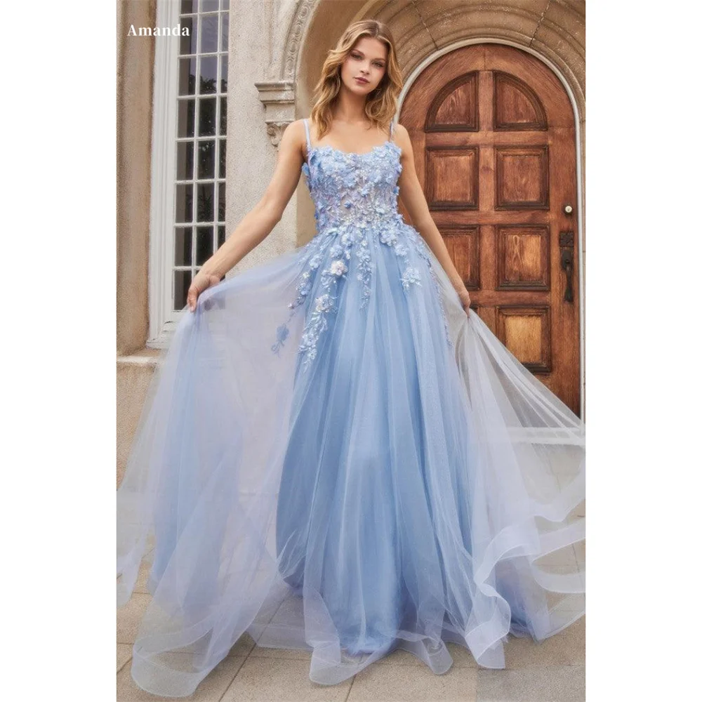 Amanda Princess Tulle Prom Gown Sweet Lace Embroidery A-line Evening Formal Elegant Sleeveless Floor-length Party Dresses 2024