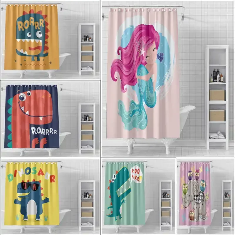 

Cartoon Mermaid Dinosaur Shower Curtain Non Perforated Partition Curtain Anti Mold Bathroom Hanging Curtain