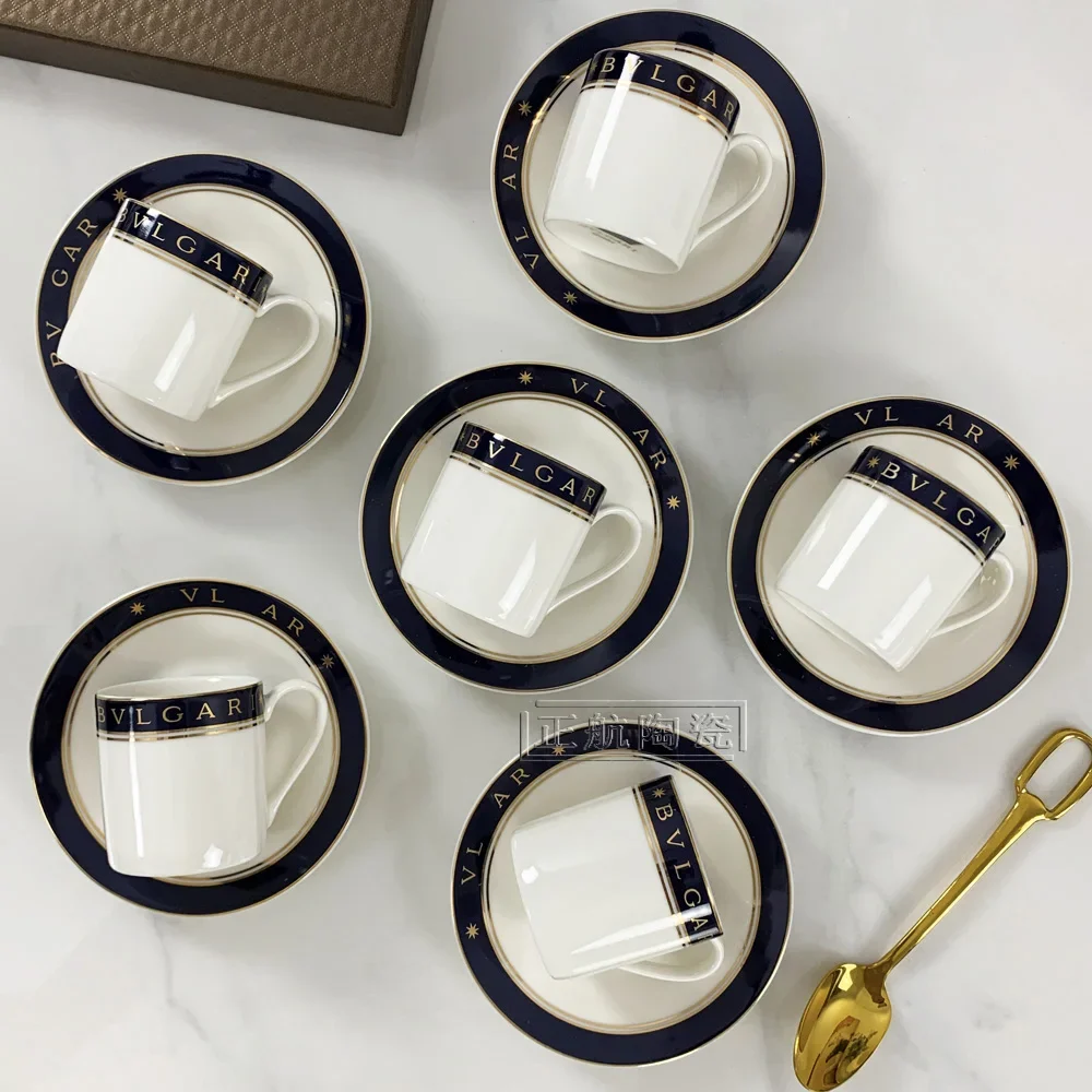 

European-style Ceramic 6-piece Coffee Cup Set Creative Blue Edge Gold Craft Home Milk Tea Mug Kitchen Home Couple Party Gift