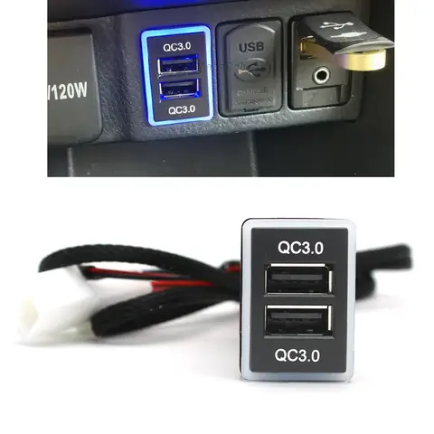 Luz LED azul de carga rápida, enchufe de interfaz USB Dual QC3.0, cargador de coche rápido para toyota camry corolla rav4 hilux, accesorios