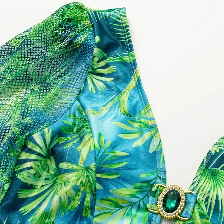 2024 Women Long-sleeved Jungle Green Print One Piece Swimsuit and Skirt Swimwear Summer Bathing Suit