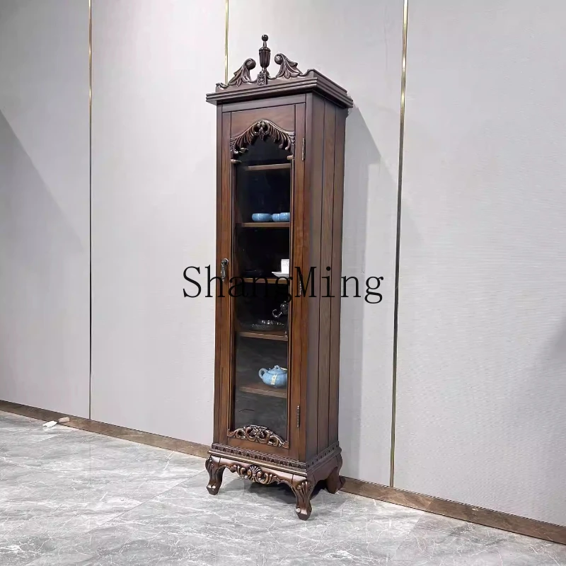 

FG solid wood wine cabinet living room wall retro glass decorative display cabinet household dining side cabinet