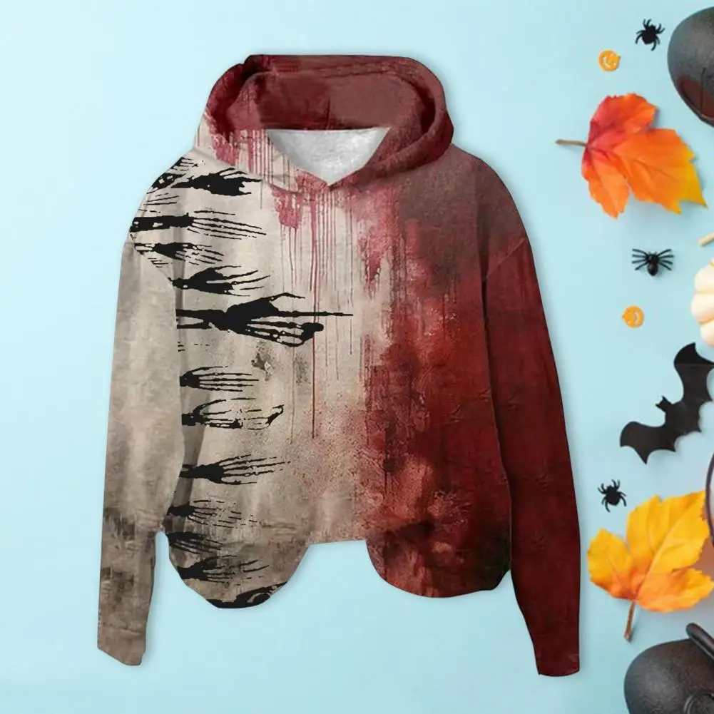 Loose Fit Long-sleeve Hoodie Vintage Halloween Haunted House Women's Hoodie with 3d Bloodstain Print Cosplay Top for Long