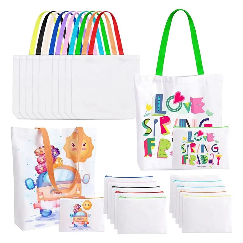 

Reusable Colorful Sublimation Tote Bags(20 Pcs), Includes 10 Blank Canvas Totes& 10 Cosmetic Makeup Make-Up Bags In Bulk
