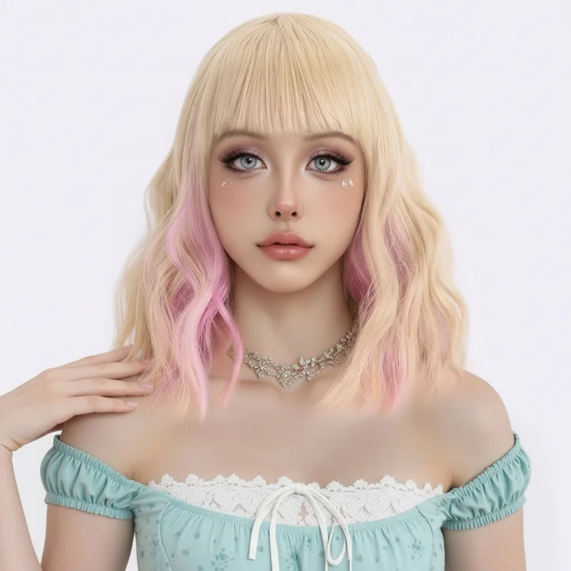 Korean and Japanese style women's wavy medium-long curly hair wig made of high-temperature fiber Blue Wigs
