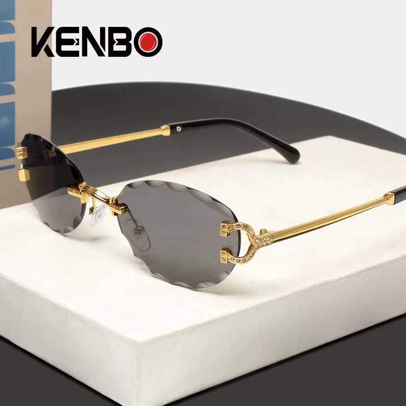 

2026 Oval Punk Rimless Sunglasses Women Men Luxury Brand Sun Glass Metal Diamond Frame Round Fashion Cutting Lens Shades Eyewear