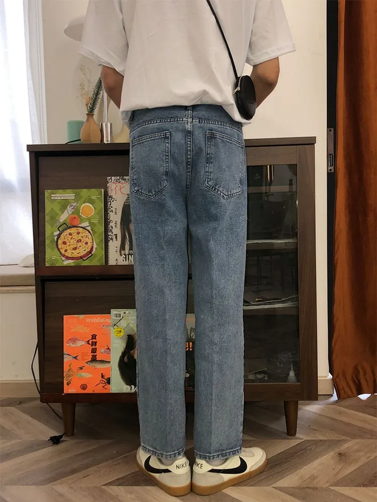 CloHand Jeans Kaki Lurus Longgar Pria Jeans Kasual Trendi Sembilan Titik Pelangsing Pinggang Tinggi Biru Muda Musim Semi Musim Panas Antik Pria