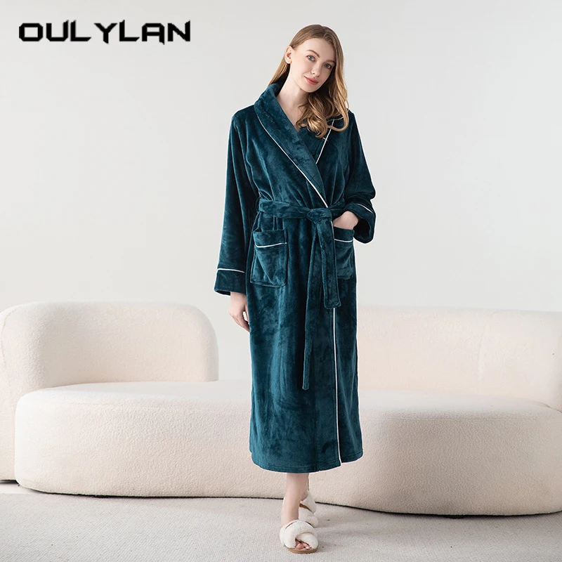 2024 Autumn Winter Women Solid Color Long Flannel Bathrobe Plus Size Pocket Thick Bath Robes Warm Sleepwear Dressing Gown