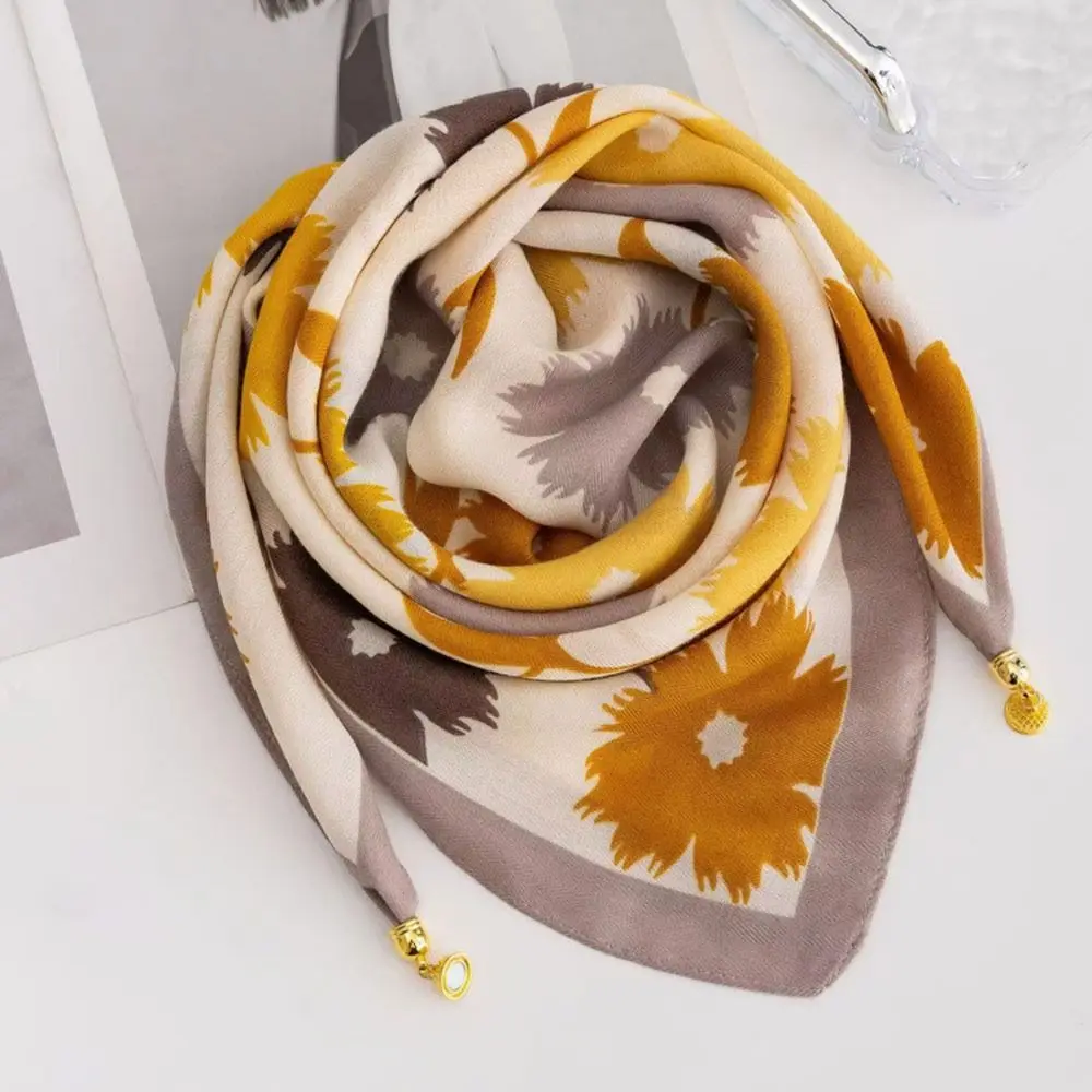 New Magnetic Buckle Silk Scarf Floral Print Lightweight Square Scarf Necklace Square Shape Floral Neck Kerchief Daily Decor