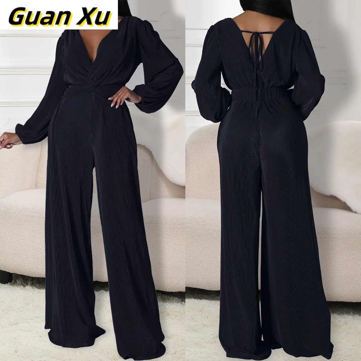 

European and American spring and autumn women's clothing long-sleeved V-neck waist-closed and thin casual jumpsuit