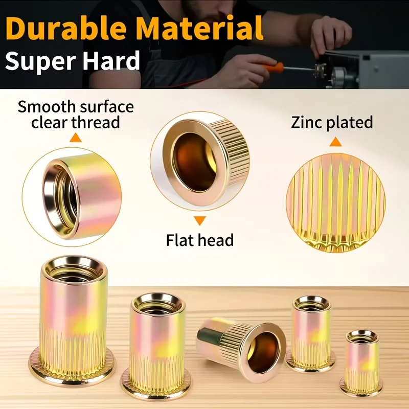 Professional Rivet Nut Tool Set | M3-M10 Flat Head Cylindrical Rivet Nuts, for Thin Metal Sheets, Durable & Multifunctional
