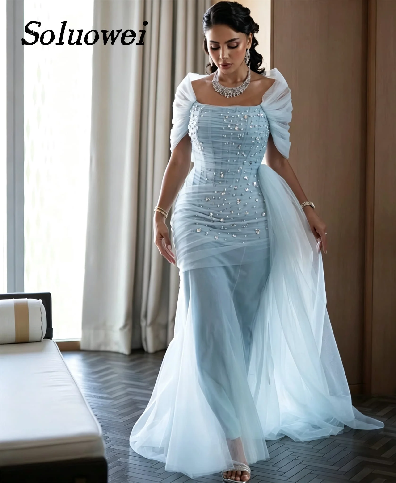 Square Neck Puff Sleeve Tulle Mermaid Prom Dresses Rhinestone Beaded Formal Evening Gowns Customized vestido madrinha casamento