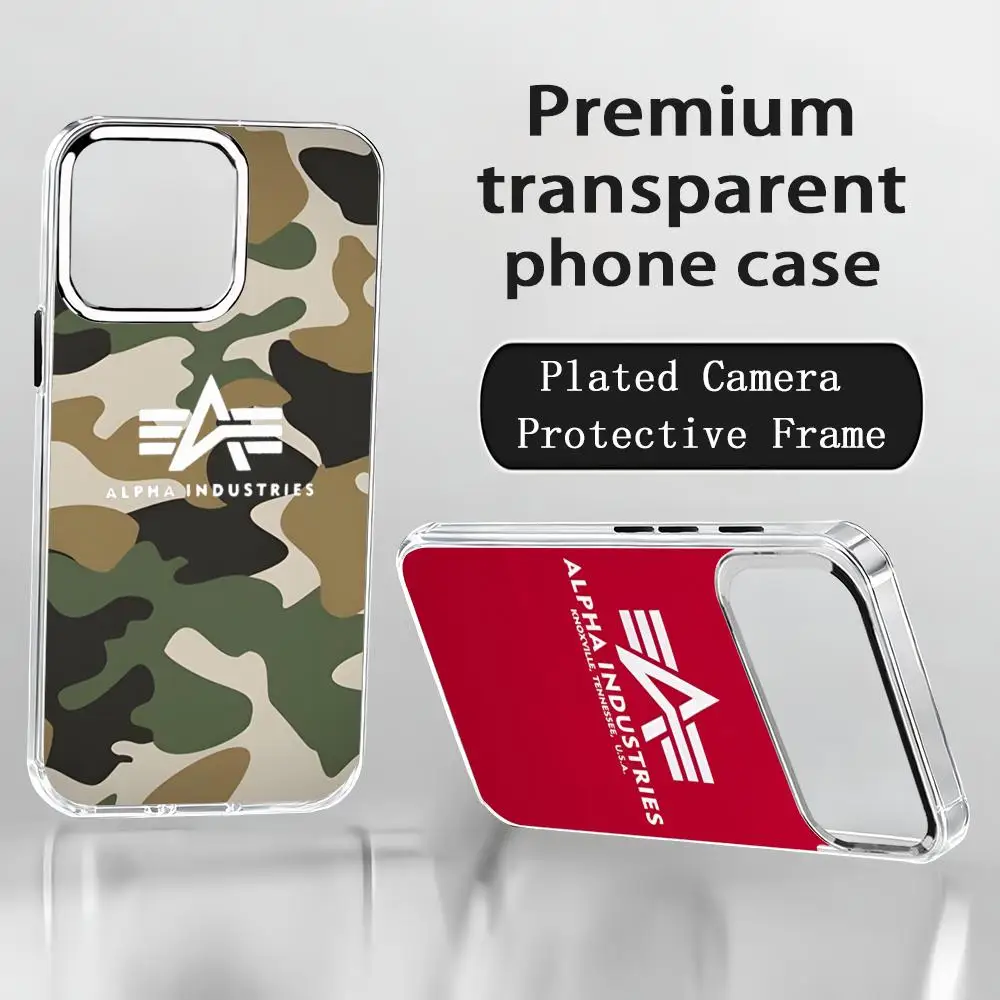 Funda Vogue A-Alpha Industries LOOG para iPhone 17 Air 16 15 14 13 12 11 Pro Max Plus con botón cromado y anillo para cámara, transparente