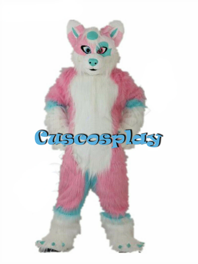 

Long Fur Furry Pink White Husky Dog Wolf Fox Fursuit Mascot Costume Adult Cartoon Character Suit Real Play Trade Shows