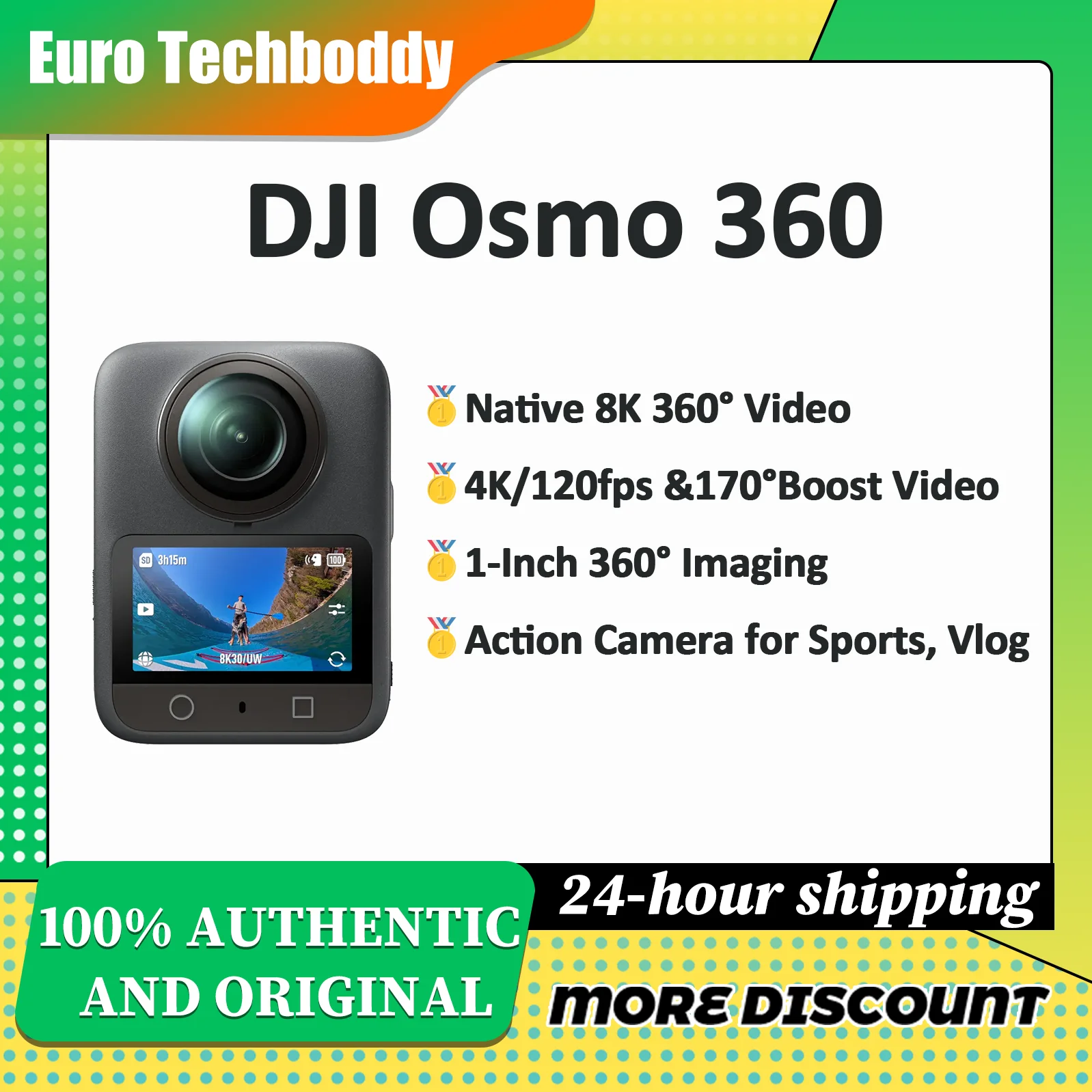 Fotocamera DJI Osmo 360 |   Videocamera d'azione panoramica 8K, doppi sensori CMOS da 1 pollice, registrazione D-Log M a 10 bit, impermeabile, 72 MP, 360° °   realtà virtuale