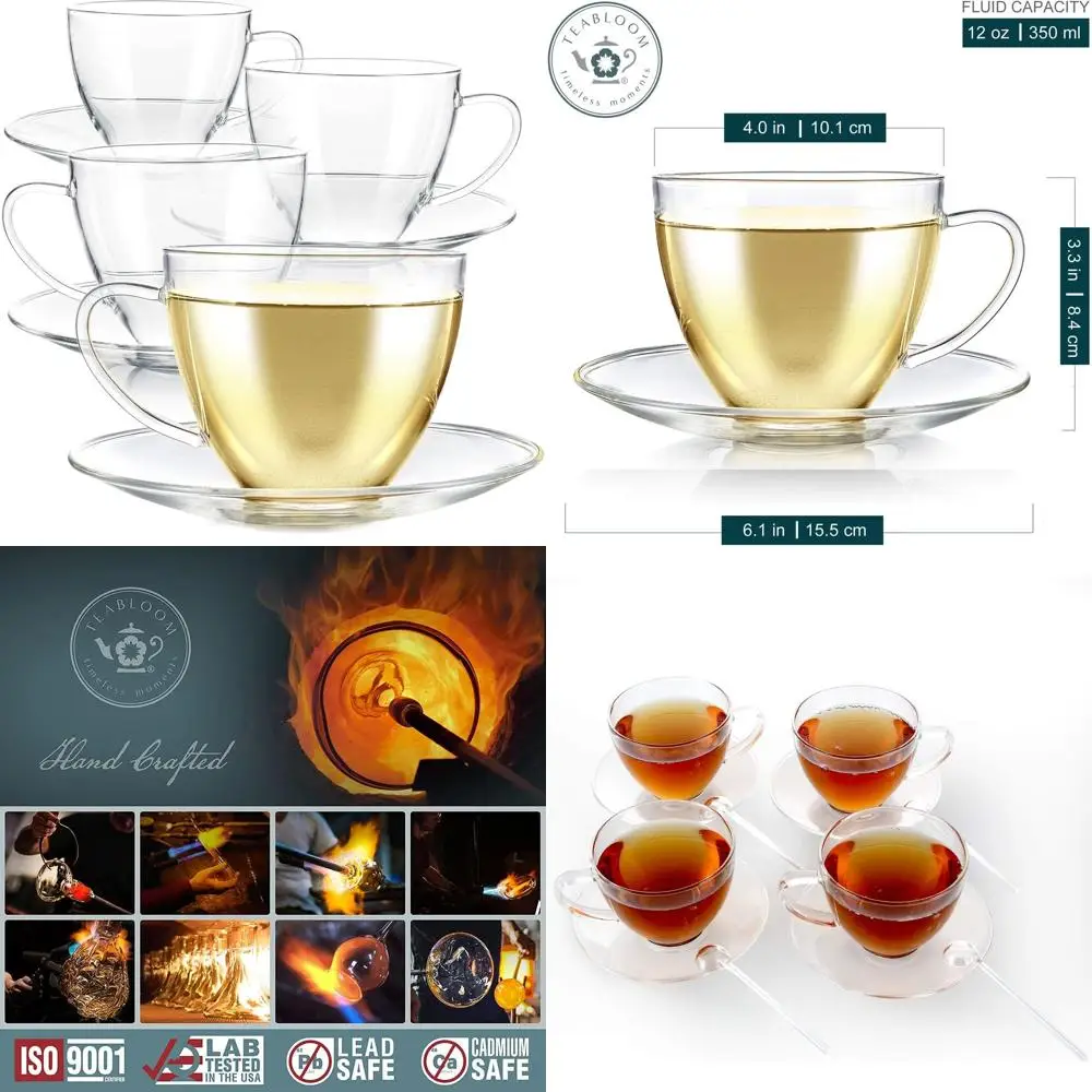 

4-Piece Large Teacup and Saucer Set - 12 oz/350 ml Capacity - Crystal Clear Glass with Premium Borosilicate Material - Odor and