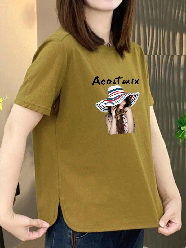 

High-End round Neck Short Sleeve Printed T-Shirt Women's Loose Slimming Belly Covering Casual Top Outerwear Polyester Fiber