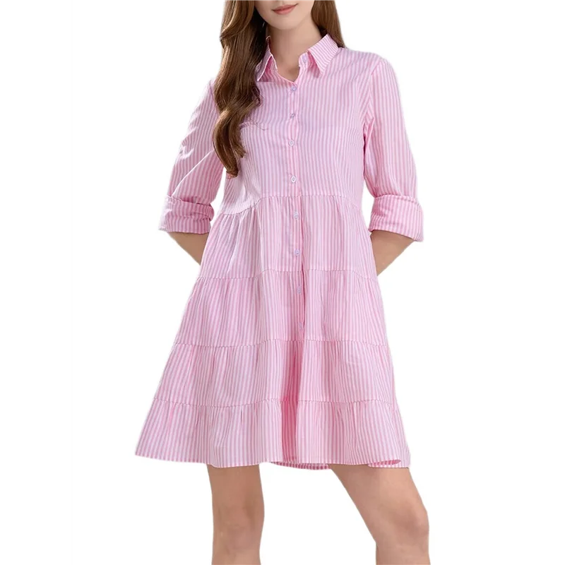 ASDS-Damska sukienka koszulowa midi w paski, zapinana na guziki, codzienna, luźna, z długim rękawem z mankietami, sukienki o średniej długości