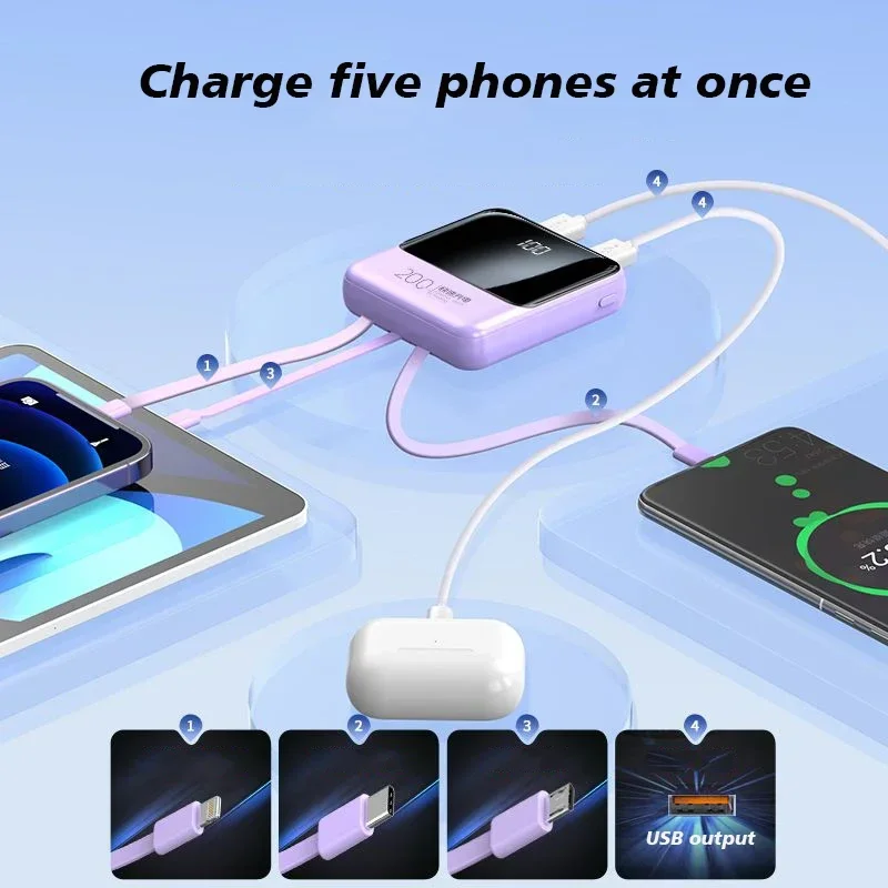 Comes with 4-wire power bank, 20000mAh, large capacity fast charging, flash charging, ultra-thin, suitable for mobile phones,