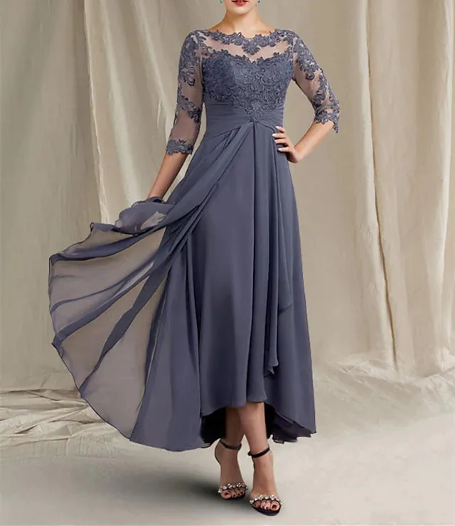 Customized A-Line Lace Mother of the Bride Dresses Jewel Neck Asymmetrical Ankle Length Chiffon 3/4 Sleeve with Ruffles