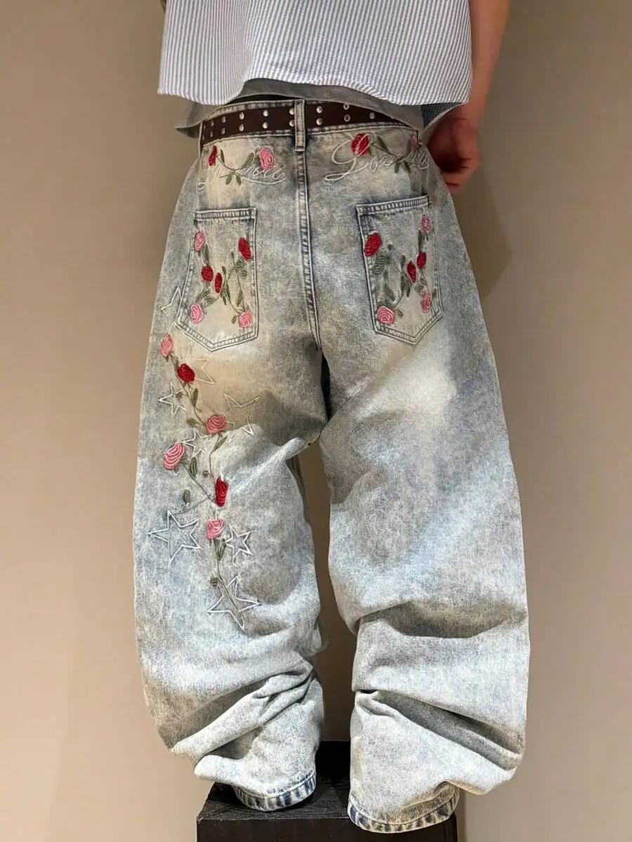

Mens Embroidered Floral Loose Wide Leg Denim Jeans Vintage Style