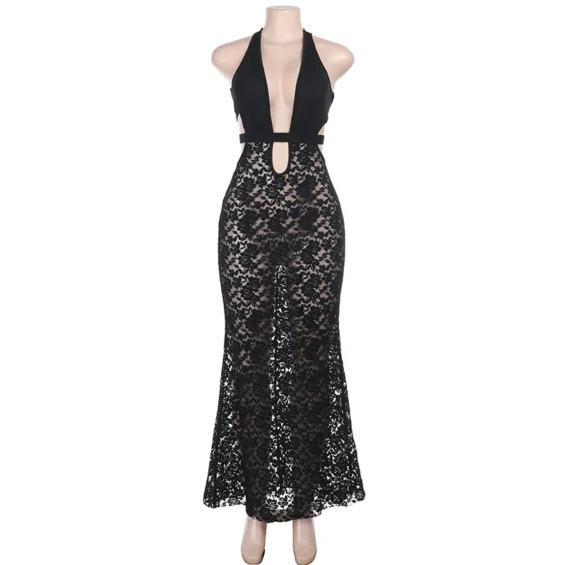 انظر من خلال الدانتيل الجوف خارج ماكسي فستان صيفي للشاطئ فستان الشمس المرأة ضمادة عارية الذراعين الرسن Bodycon فساتين ملابس الشارع الشهير