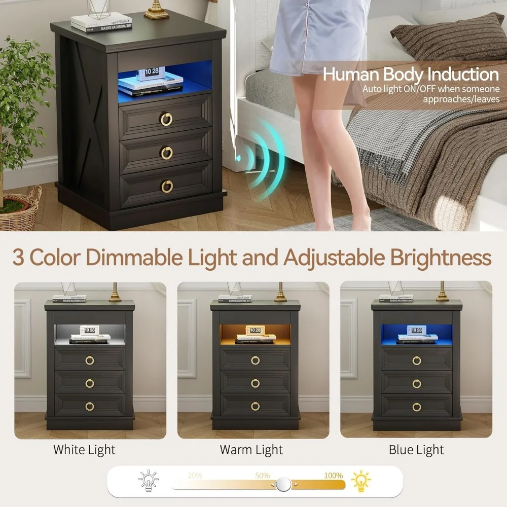 Rustic Wood Nightstand with Human Sensor LED Lights, Charging Station, and Gun Drawer for Bedside Use