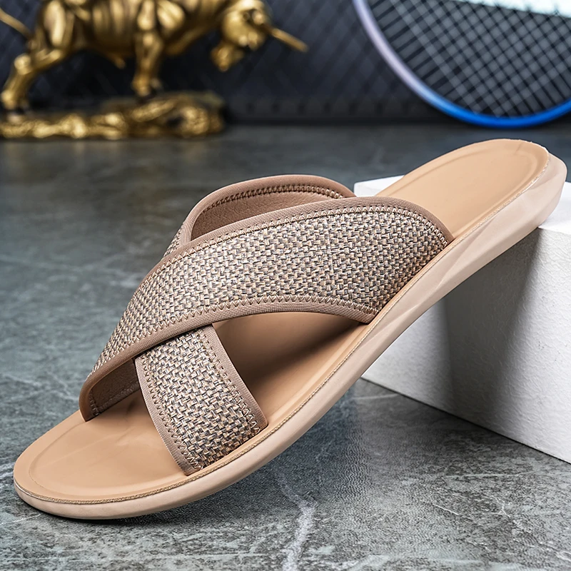 Men's Summer Casual Cross-Braided Slip-On Sandals Anti-Slip Wear-Resistant Outdoor Beach Shoes Soft-Soled Thong Slippers-2552