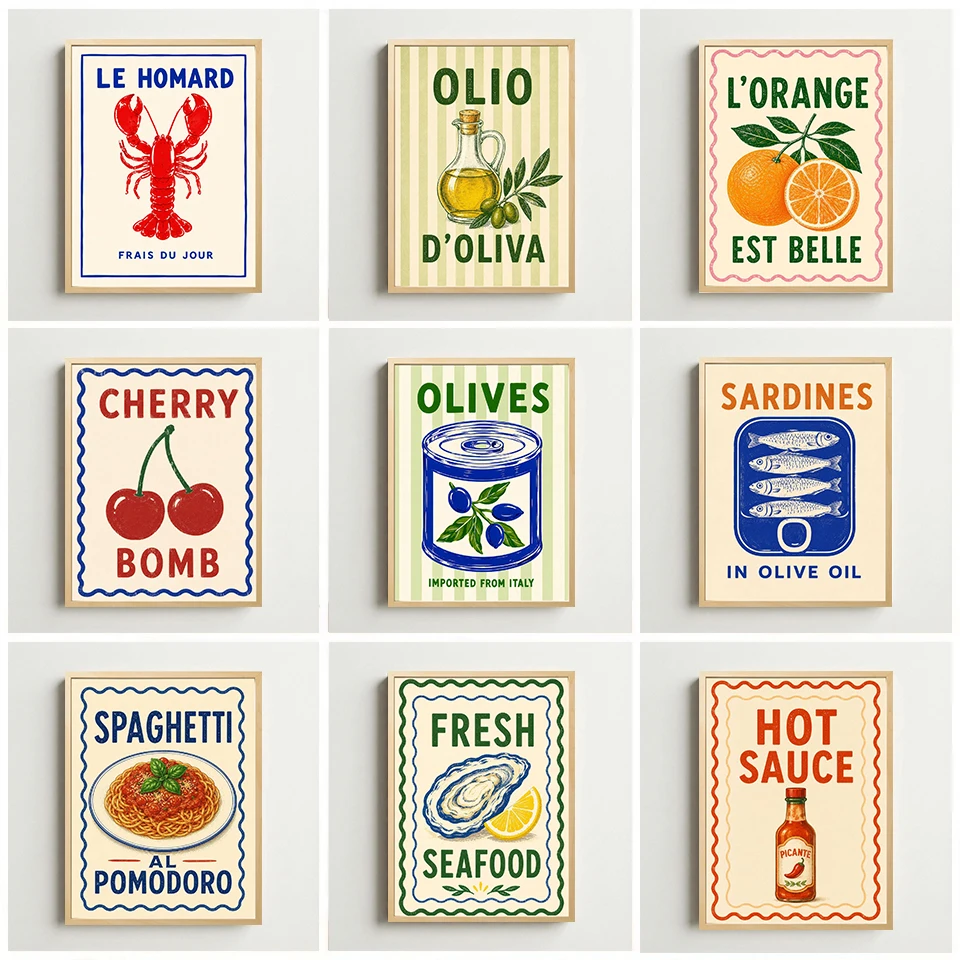 Coastal-style Kitchen Wall Decor: Vintage-style French Lobster and Seafood Art Prints with A French Bistro Aesthetic