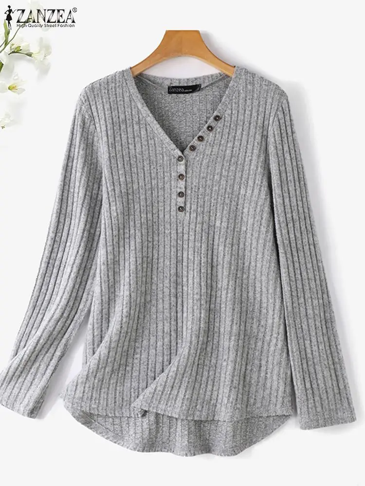 2024 ZANZEA Autumn V Neck Long Sleeve Blouse Stylish Women T-shirts Female Holiday Blusas Ribbed Tops Tunic Fashion Work Shirt