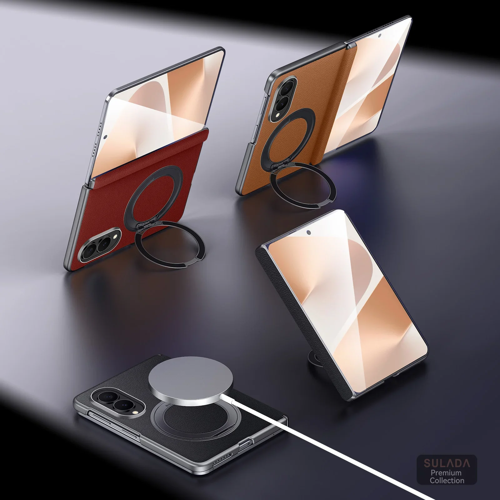 For Samsung Galaxy Z Fold 8 Wide Case, High Quality Matte Leather Magnetic Rotating Ring Bracket Shockproof Folding Hinge Cover