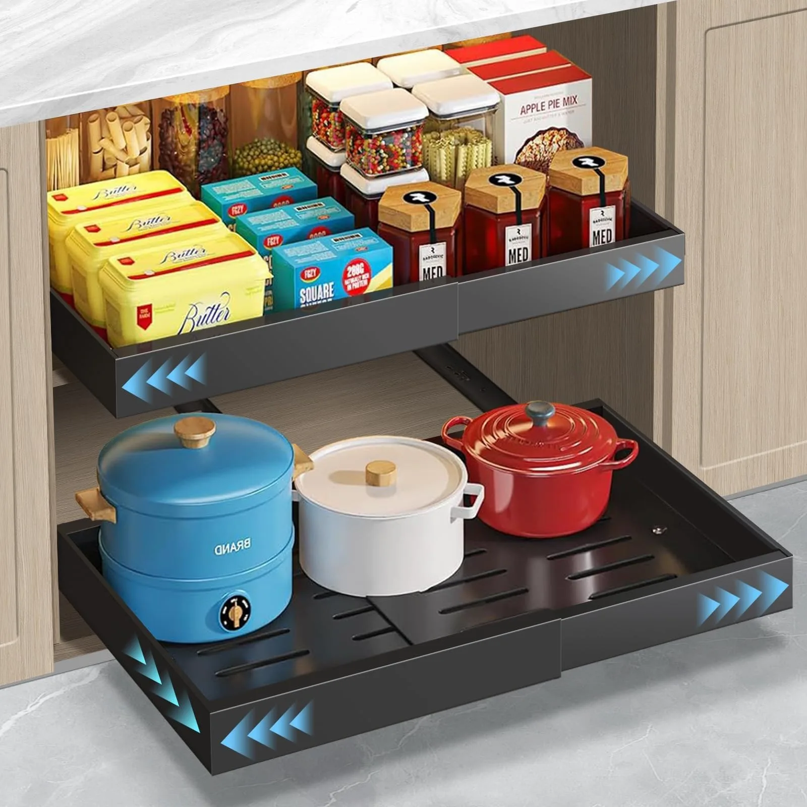1-2PCS Pull-out Cabinet Storage Rack, with Adhesive Nano Film, Expandable Slide-out Drawer, Kitchen Cabinets, Home Organizer