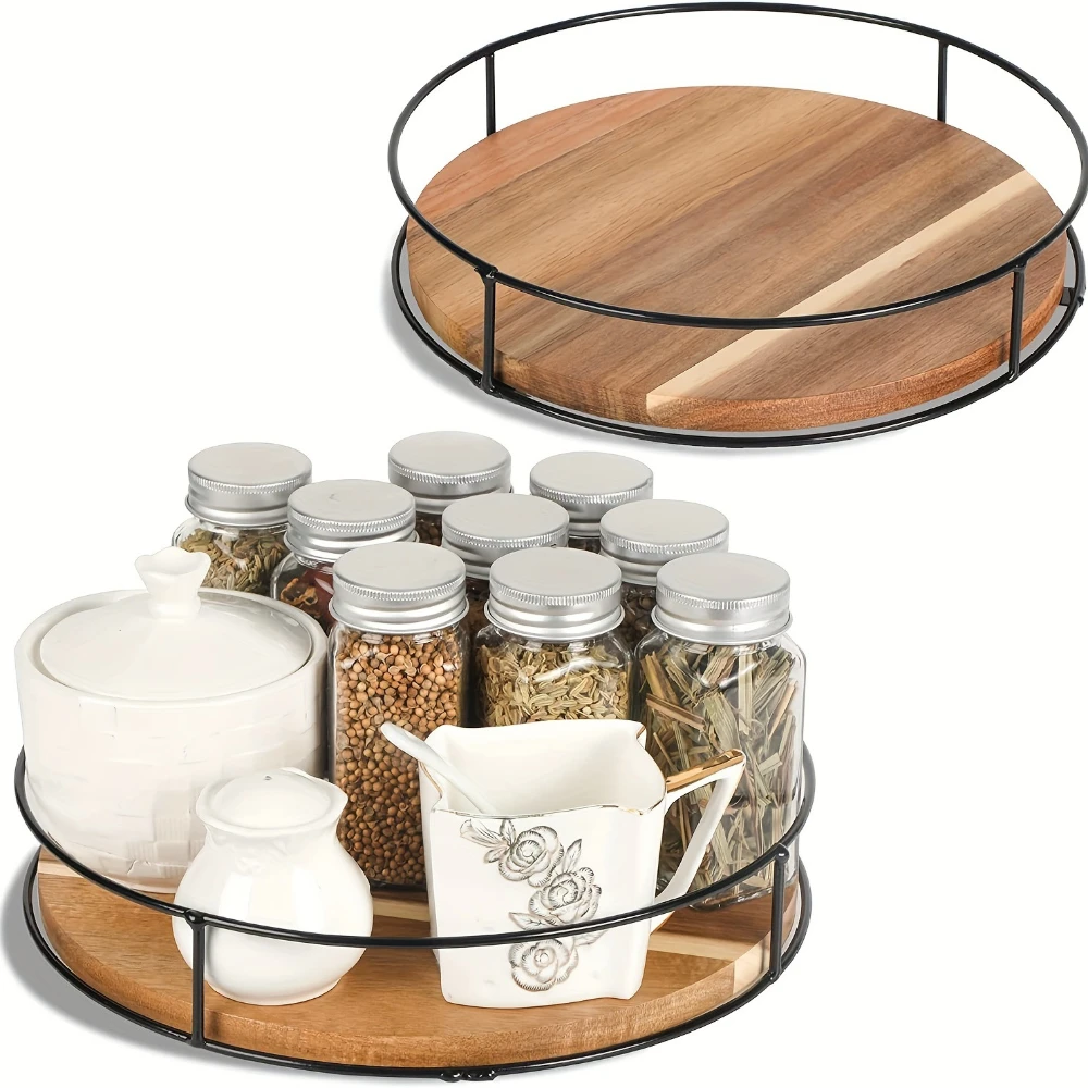 360 Degree Rotating Storage for Kitchen Spice Cosmetic Makeup Turntable Organizer Cabinet Steel Side Multifunctional Wooden Tray