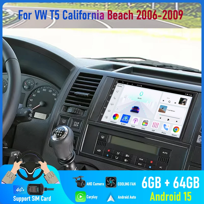 7'' For VW T5 California Beach 2006-2009 Car Radio 4G SIM Rear Camera Carplay Android 15 Auto GPS Camera Google Map Head Unit