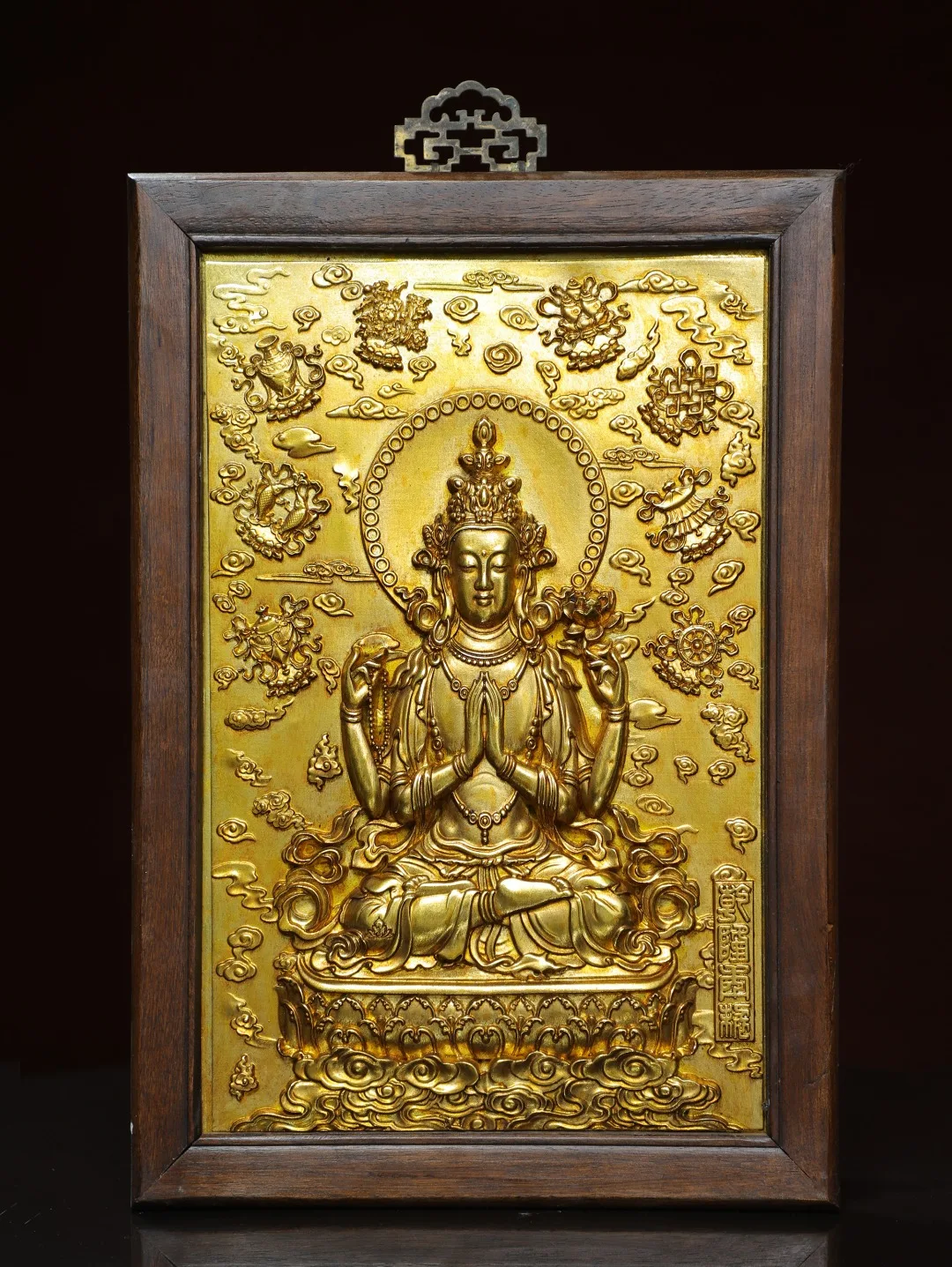 

16"Tibetan Temple Collection Old Rosewood Painted Gilded Four armed Guanyin Buddha Thangka Hanging wall screen Worship Hall