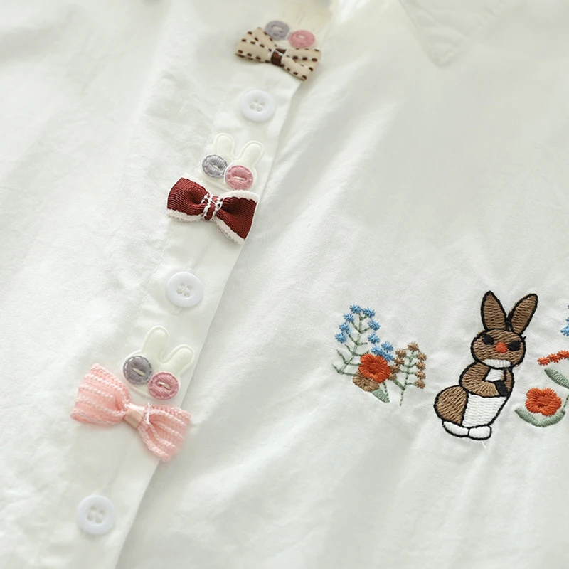 New Women Casual Sweet Front Bow Appliques Cartoon Embroidery Shirt White Color Long Sleeved Loose Slimming Blouse Tops U310