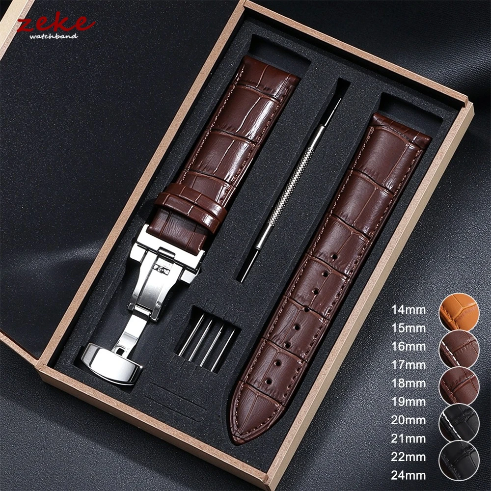 14/16/17/18/19/21/24mm20mm 22mm Calf Genuine Leather Watch Band with Wooden Box Butterfly Clasp Watch Strap for Tissot for Seiko
