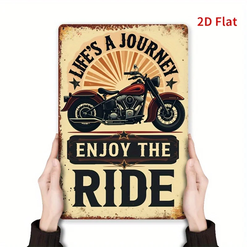 Motorcycle Vintage Metal Wall Sign, Inspirational Journey Quote, 2D Flat Aged Effect Plaque for Porch Garden Living Room Decor